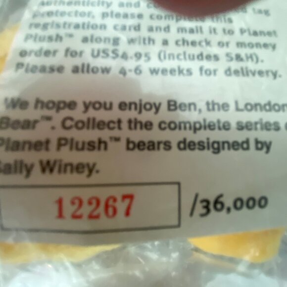 Planet Plush ' Ben the London Bear' Vintage Beanie Bear by Sally Winey Numbered - Picture 5 of 5